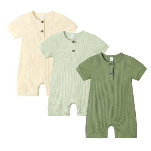 Image of Bafeicao Baby Boy Girl 2/3 Pack Solid Romper Ribbed Short/Long Sleeve Bodysuit Jumpsuit Infant Knitted Outfits Clothes