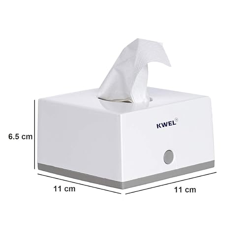 Image of KWEL Facial Tissue Dispenser and Holder Square Dispenser Top for Bathroom Vanity Countertops Bedroom ers Night Stands Desks Tables with 2 Refill - White