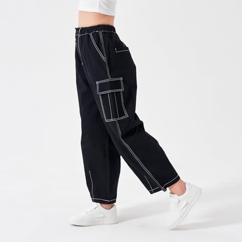 Image of Rolanko Girls Cargo Pants Wide Leg Streetwear Kids Pants with Pockets Trendy Jogger Trousers 4-14 Years