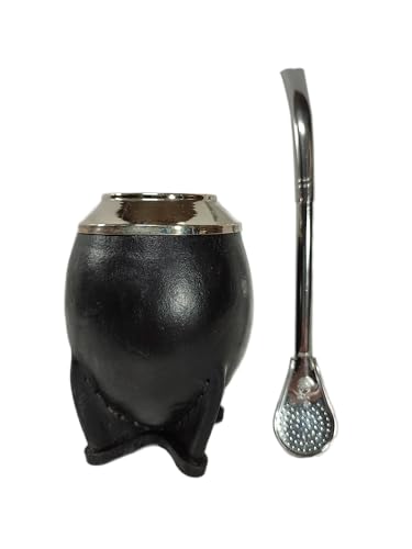 ALMAOS Premium Yerba Mate Gourd (Mate Cup) - Uruguayan Mate - Argentinian Yerba Mate Set - Leather Wrapped - Includes Stainless Steel Bombilla (black)