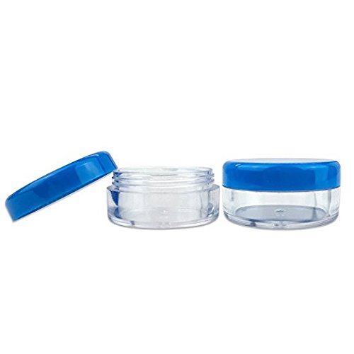 50 Empty 5 Grams Acrylic Clear Round Jars - BPA Free Containers for Cosmetic, Lotion, Cream, Makeup, Bead, Eye shadow, Rhinestone, Samples, Pot, Small Accessories 5g/5ml (BLUE LID)