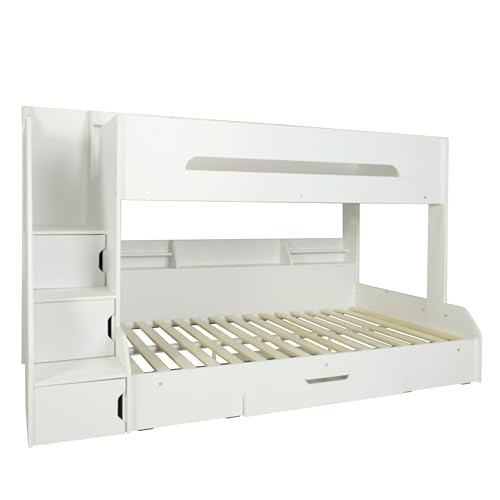 Flair Furnishings Small Double Bunk Beds for Kids, Staircase Bunk Bed with Storage, Heavy Duty and Sturdy, Cosy, Stylish, Space-Saving Design (White)