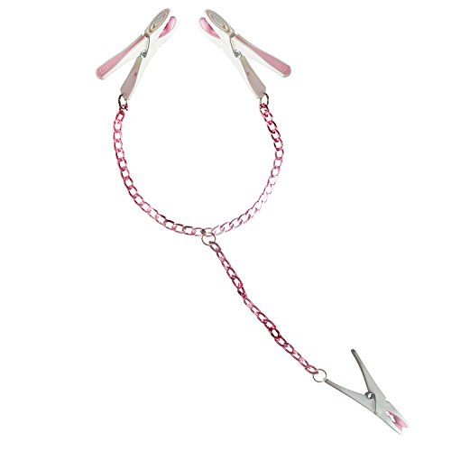 Party Nipple Clamps with Clit Clamp Pink and White clamp Y-Style with Pink Chain 20” 50.8cm