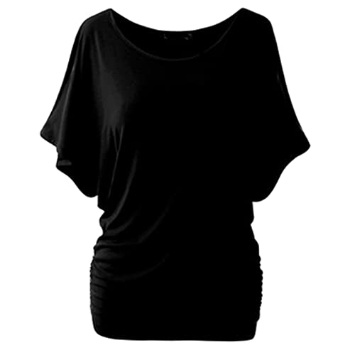 JEsilunmaMY Womens T-Shirts with Side Shirring Batwing Sleeve Crewneck Draped Summer Tops Solid Color Loose Casual Blouses (Black,X-Large)