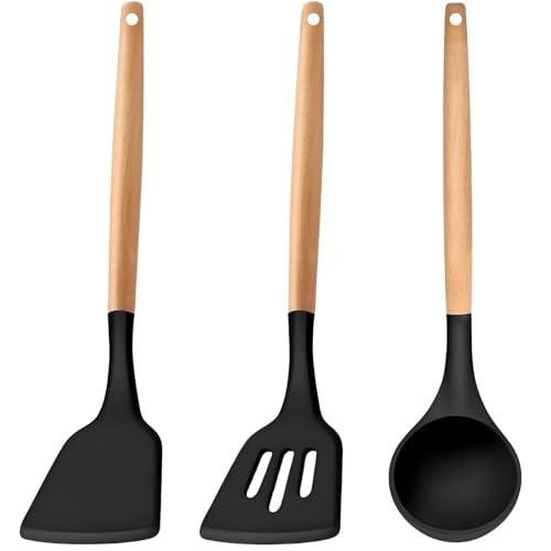 Image of Silicone Spatula Set of 3 - Wooden Handle Kitchen Tools (Red, White,Black,Blue, Green) - Heat Resistant, Non-Stick, Cooking & Mixing Spatulas for Non-Stick Pans (Black)