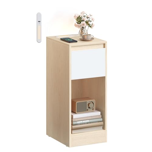 VASAGLE Comodino Stretto, Tavolino, con Illuminazione LED, 1 Porta USB-A, 1 Porta USB-C, Cassetto e Scomparto Aperto, per Camera da Letto, Soggiorno, Giallo Mandorla e Bianco Nuvola LET610Y01