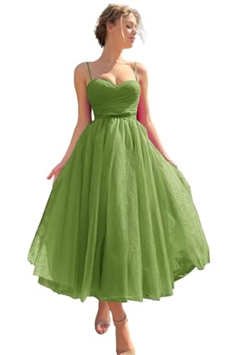 Image of A line Ruched Tulle Prom Dress Spaghetti Straps for Women, Tea Length Sweetheart Homecoming Dress Cocktail Dress