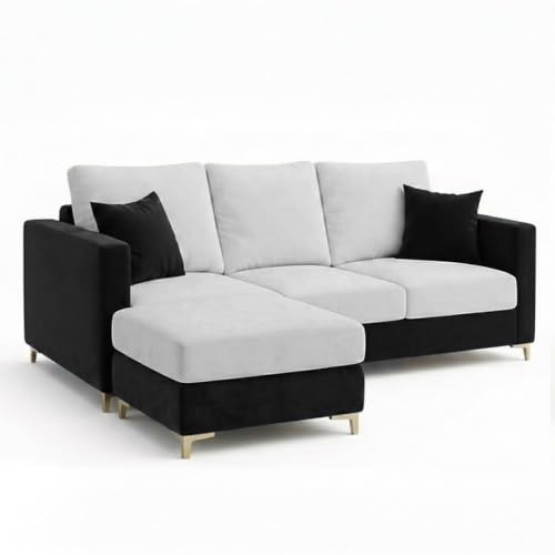 Image of Hayes Rich 4 Seater L Shape Sofa Set with Movable Ottomans | Flexible Layout | Velvet Suede Fabric | Golden Aesthetic Legs | Dual Tone Modern Sofa for Living Room (Black-Light Grey)