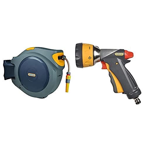 Hozelock Auto Reel with 40m Hose & Multi Spray Ultramax Gun, Grey/Yellow, 16x10x8 cm