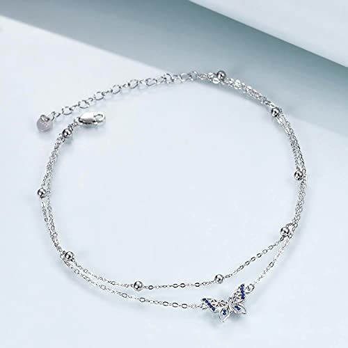 Image of POPLYKE 925 Sterling Silver Double Layered Chain Evil Eye Daisy Sunflower Butterfly Anklets for Women Holiday Beach Crystal Ankle Bracelet Dainty Evil Eye Jewelry