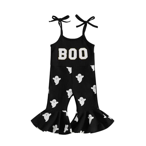 Rarjuiey Halloween Toddler Girl Outfit Boo Romper Spaghetti Strap Ghost Jumpsuit Bell Bottoms Outfits Spooky Clothes (Boo Ghost Black 0-6 Months)