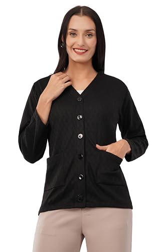 Image of Women Woolen Full Sleeve self Knit v-Neck Sweater Cardigan for Winter wear with Front Pockets Plus