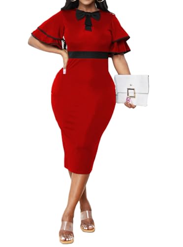 Image of Xinlees Women's Bodycon Pencil Dress Sexy Short Ruffles Sleeve Clubwear Basic Fitted Outfits Casual Midi Dresses