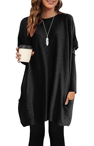 AUSELILY Longpullover für Damen Langarmshirt Lang Oversized Rundhalsausschnitt T-Shirts Sweashirt Tunika Damen Pulli Long-Shirt Kleid mit Taschen Schwarz XL