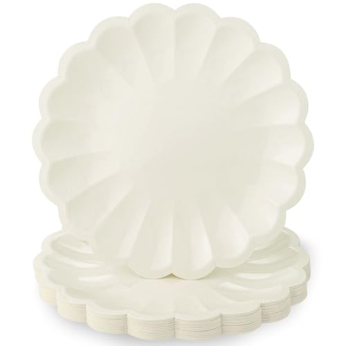 NatNarr 30 Pcs Ivory Paper Plates 9.5 In Scalloped Party Plates Disposable Heavy Duty Dinner Plates with Shell Edge Cream Plate for Wedding Baby Shower Birthday Party