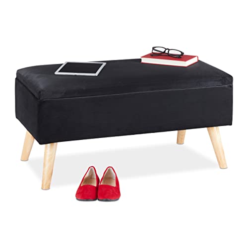Relaxdays 0 Baúl Almacenamiento, Funda Terciopelo, 40 L, Acolchado, Patas Madera, Asiento Almacenaje, 41x80x40 cm, Negro, 1 Unidad