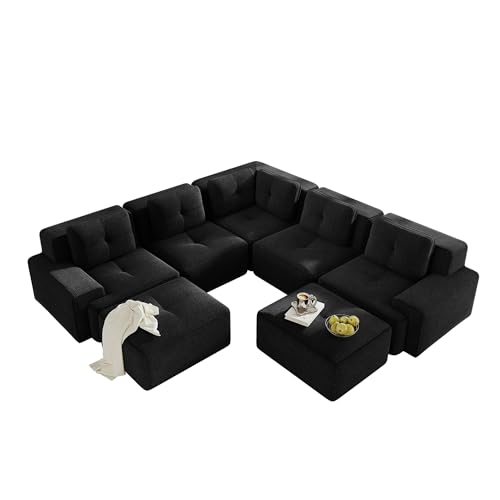 Image of 116.1 inch Modular Sectional Boneless Sofa with 5-Seater, V-Shaped Corner Deep Seat Sofa for Living Room, Big Comfy Cloud Couch with 2 Movable Ottomans, Corduroy Fabric, No Assembly, Black