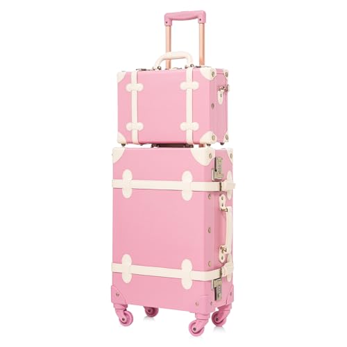 Image of UNIWALKER Vintage Carry on Luggage Set, 2 Piece Retro Spinner Trunk Suitcase with Cosmetic Train Case for Women, 20 inch+12 inch, Rose Pink