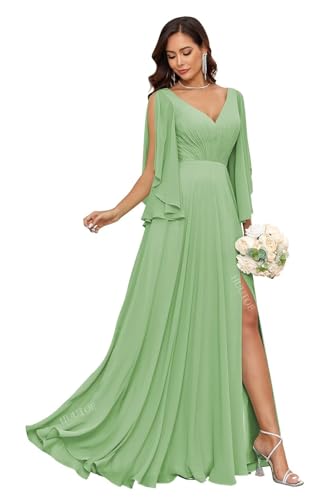 Image of HUUTOE Chiffon V Neck Dusty Sage Bridesmaid Dresses Long with Sleeves A-Line Formal Dress for Women Wedding Guest 2026 M US6