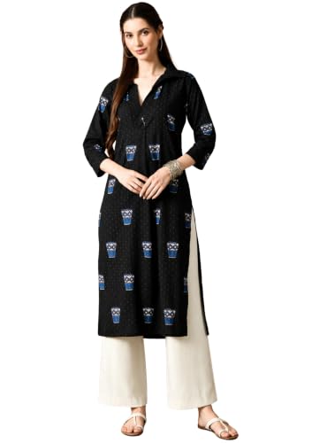 Image of Amazon Brand - Tavasya Women Ethnic Motifs Printed 3 /4th Sleeve Kurta | Straight Fit Shirt Collar Salwar | Everyday Ethnic Wear