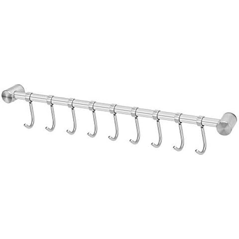 INTIRILIFE Edelstahl Küche Hängeleiste mit 9 Haken - Küchen Reling Hängeleiste Küchenstange Wandhalterung Cover