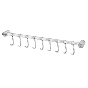 Intirilife ophangrail voor de keuken van roestvrij staal met 9 beweegbare haken om te boren – 49.8 x 3.4 x 2.2 cm – keukenrailing haakrail houder keukengerei stang bekerhouder muurhouder