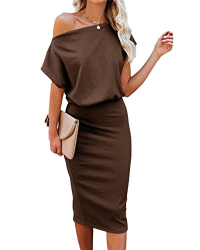 EZBELLE Women's Summer Dress Off The Shoulder Short Sleeve Ribbed Casual Party Bodycon Midi Dresses
