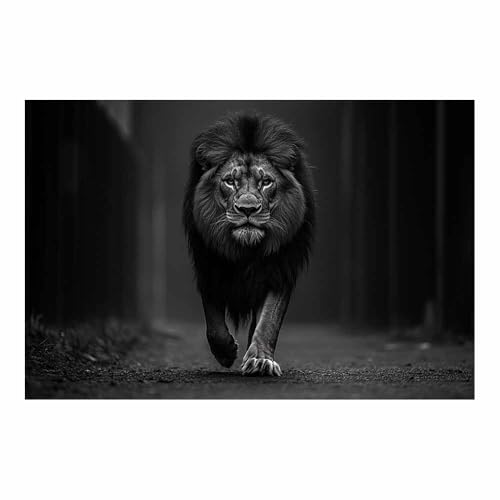 Lion noir et blanc toile pour habiller un grand mur vide et créer un salon minimaliste
