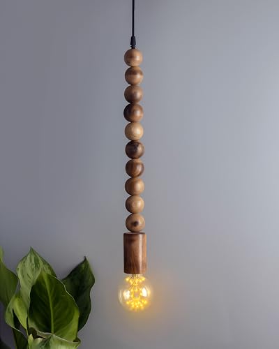 Image of Homesake Wooden Beaded Pendant Light for Living Room | Nordic Hanging Ceiling Lamp with Warm Light | Rustic Modern Pendant Lamp for Bedroom, Dining, Cafe & Home Decor, Dark Brown
