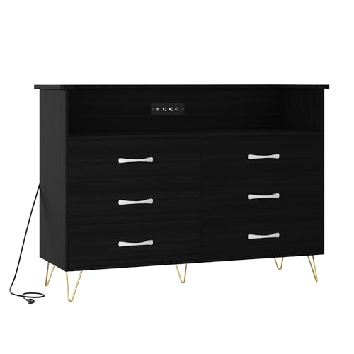 Image of Dresser for Bedroom with 6 Drawers, Wide Wood Chest of Drawers with Charging Station & RGB LED Lights - Storage and Organization Dresser for Living Room, Closet, Hallway, MDF Cabinet, Black