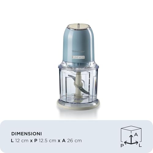 Ariete Vintage 438, Hachoir Électrique de Légumes et de Glace avec 2 Vitesses, 4 Lames en Acier Inoxydable, Pieds Antidérapants, 600 ml, 400W, Bleu Clair