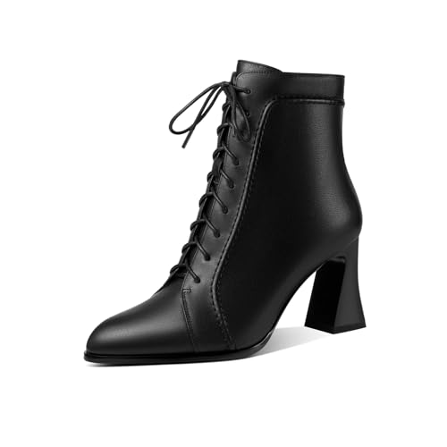 TinaCus Women's Pointed Toe Genuine Leather Handmade Zipper Spool Mid Heels Lace Up Stylish Ankle Boots