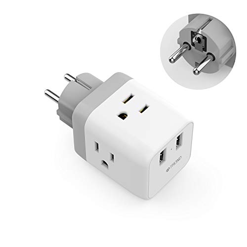 France Germany Power Adapter, TROND 5-in-1 Schuko European Travel Plug Adapter with 2