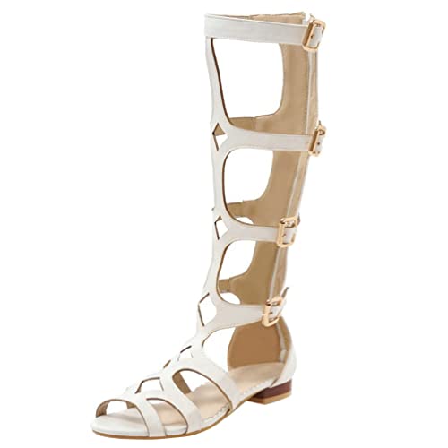 KISSASA Womens Flat Knee High Gladiator Caged Sandals Buckle Strappy Zip Up Sandals For Women