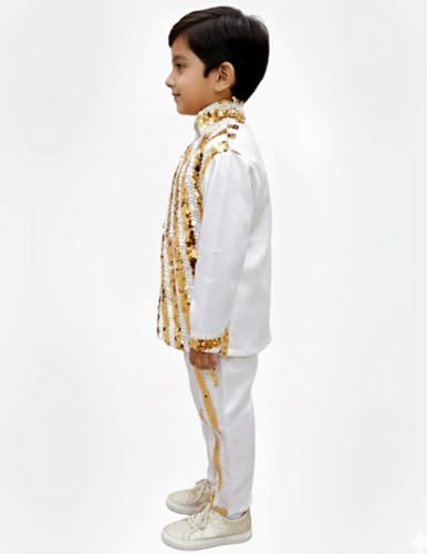 Image of BookMyCostume White & Golden Sequin Western Dance Costume for Boys | Stylish Shiny Full Sleeve Shirt and Pant Set with Zipper Closure | Annual Dance Costume for boys | Fancy Dress for Boys | 7-8 Years