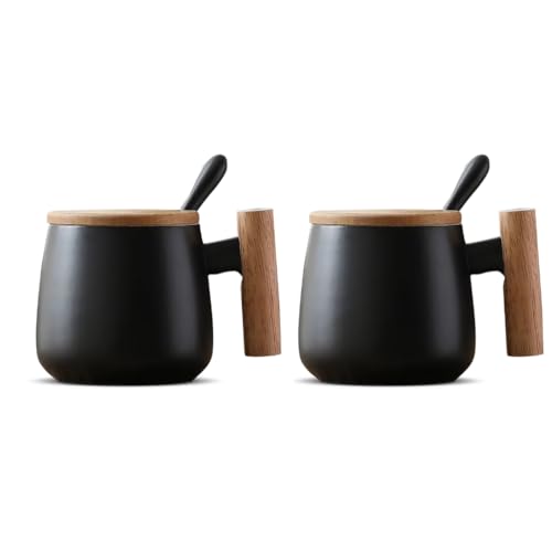 BALTHŌ - Juego de Tazas desayuno cerámica Té y Café (350ml) (2 Unid). Grandes, tapa y asa de madera, estilo nórdico (Negro). (350ml). Con cuchara. Café con leche, Latte, Macchiato. Tazas regalo