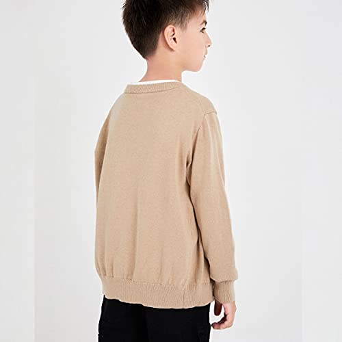 Boys' School Uniform Sweaters Long Sleeve Anti-Pill Cotton Knit Crew Neck Cardigan (Khaki, 12-13) #TOP3