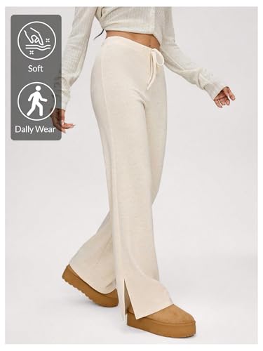 Verdusa Women's Solid Drawstring Waist Knit Lounge Pants Flare Leg Slit Trousers3