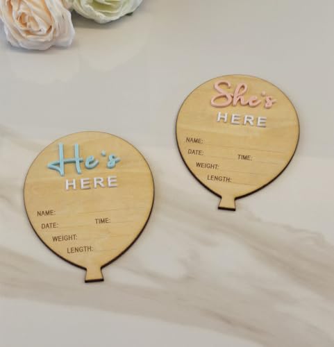Image of YongPan She's Here or He's Here Newborn announcement,Wooden Balloon-Shaped Birth Stat Plaques,Baby Announcement Signs for Newborns (Hot Balloon)