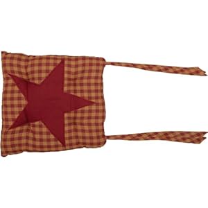 VHC Brands Star Cotton Primitive Tabletop Kitchen Tie Back(s) Appliqued Square Chair Pad, King, Burgundy Red VHC Brands Star Cotton Primitive Tabletop Kitchen Tie Backs Appliqued Square Chair Pad King Burgundy Red