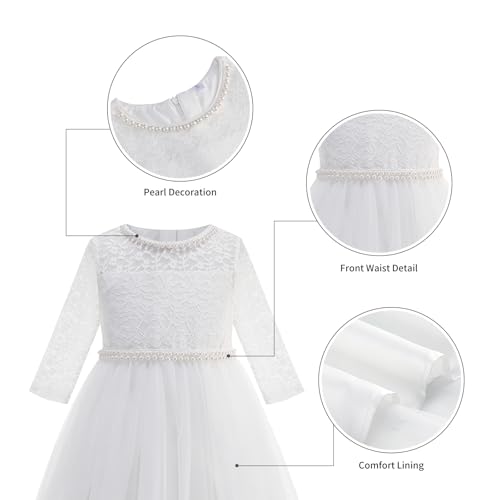 Flower Girl Dress Vintage Floral Lace 3/4 Sleeves Wedding Formal Dress Pageant Birthday Party Tulle Pearls Ball Gowns4