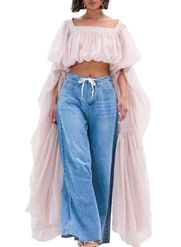 Bubble Crop Top for Women Trendy Square Neck Chiffon Ruffled Puff