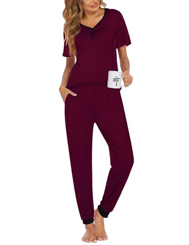Image of Ekouaer Pajamas for Women Set 2 Piece Fall Lounge Sets Short Sleeve Pjs Joggers Long Pants Sleepwear with Pockets
