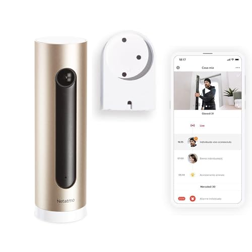 Netatmo Cámara de Vigilancia Interior con Soporte de Pared, WiFi, AI Reconocimiento Facial, Detección de Movimientos, Transmisión en Vivo, Visión Nocturna, FHD 1080p, Sin Costo Adicional, NSC-AMZ