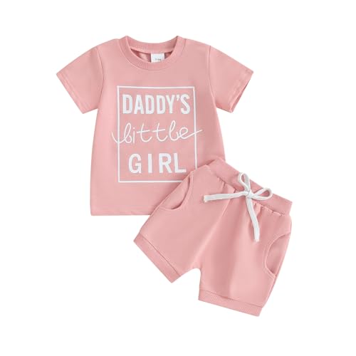 Toddler Baby Girl Clothes Summer Outfits Short Sleeve Daddy's Little Girl T Shirt Top Solid Color Shorts (Pink, 6-12 Months)