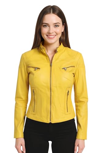 Infinity Leather Veste de Motard Slim en Cuir Véritable Jaune Classique Pour Femme