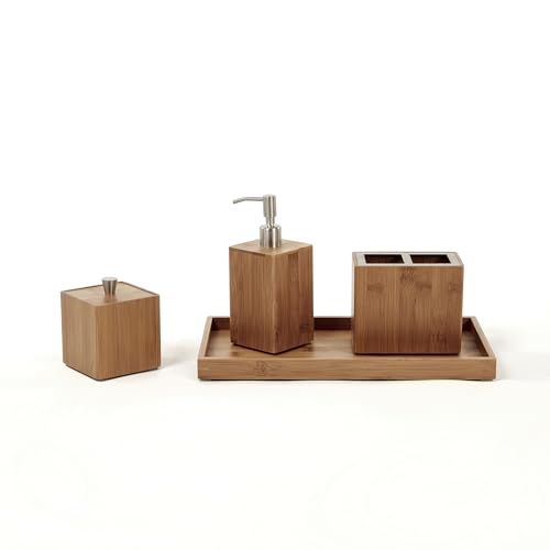 Seville Classics Bamboo Eco-Conscious Bathroom Vanity Organizer Set Kitchen Home Over The Sink Trash Bin, Soap, Cotton Ball Holder, Towel Tray, 5 Piece, Bamboo