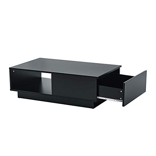 Panana Wooden Coffee Table with Storage Drawer and Shelf Wood Sofa Side End Table with LED Lighting Home Office Living Room Furniture (Black) - Image 4