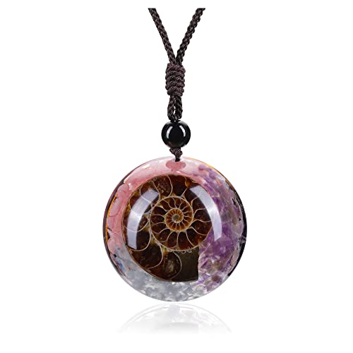 Jovivi Amethyst/Rose Quartz/Aquamarine Reki Healing Crystal Necklace Round Circle Shape Ammonite Fossil Resin Chip Stones Pendant Necklace for Women Men Quartz Jewelry