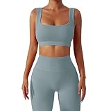 Damen-Workout-Outfits, Yoga-Set, 2-teilig, nahtlos, gerippt, Sport-BH, enge Shorts, Gymnastikanzug, Blau (Hose), Small